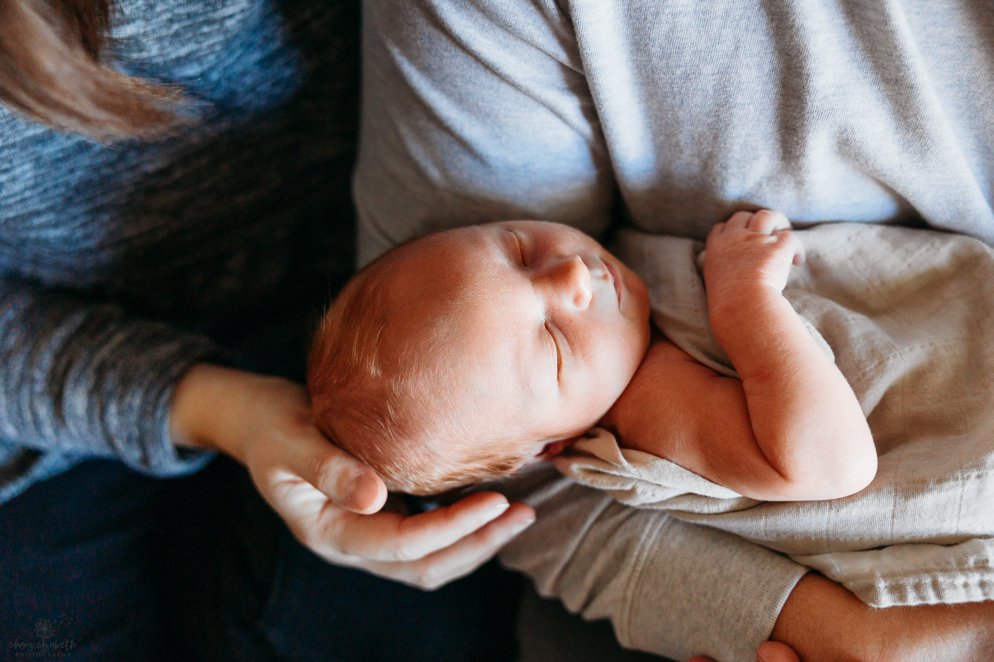 Newborn baby in parents arms during OKC newborn photo session.