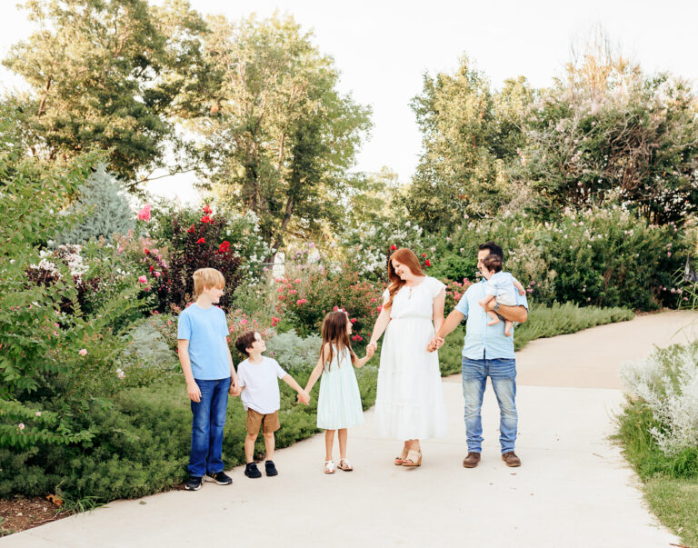 Family of five during family photo session at Will Rogers Gardens in Oklahoma City, OK.