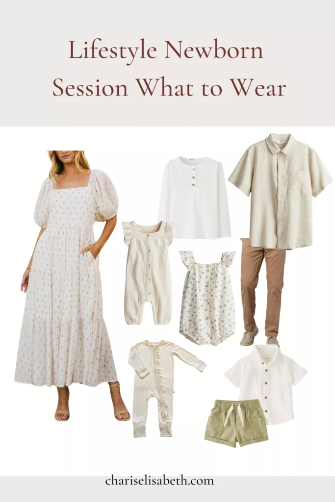 a mood board of soft creams for what to wear for newborn photos