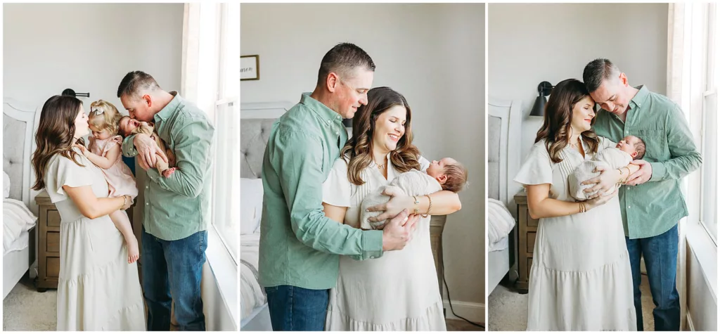 3 images of mom and dad with newborn baby son, and image of the whole family during newborn photos in OKC.