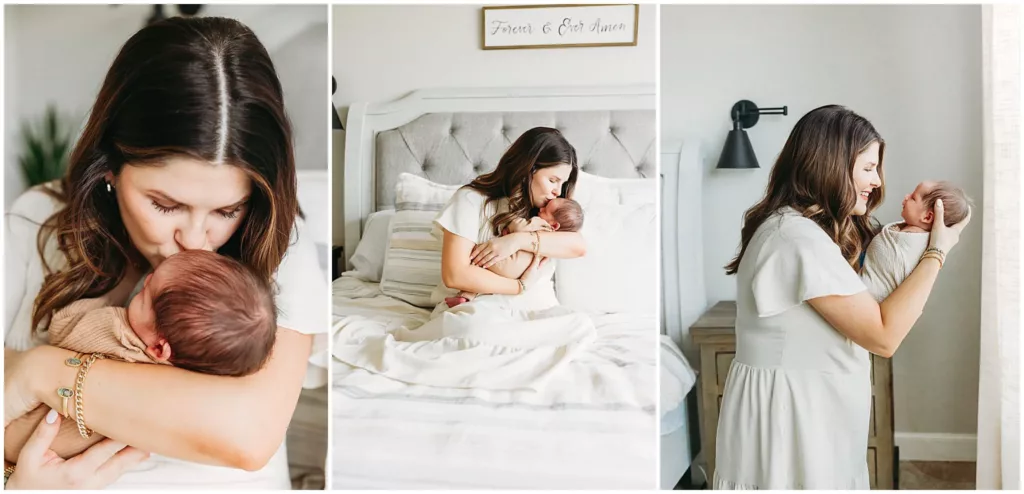 A mom holds her newborn during newborn photo session.
