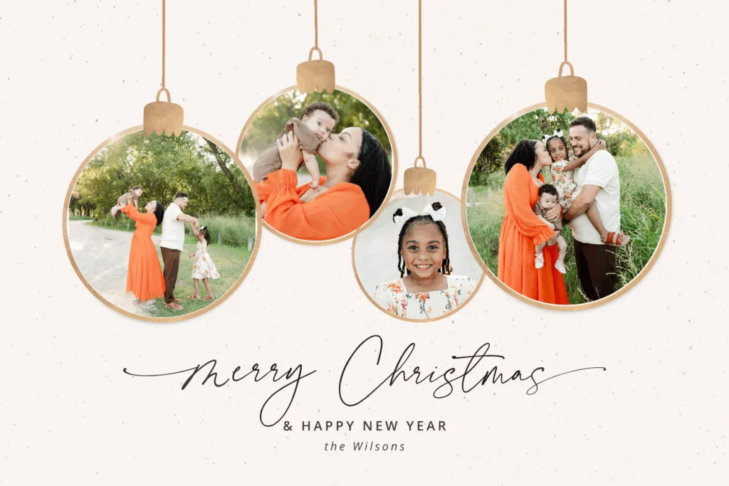 holiday card with images to look like christmas ornaments of a fall family photo session in Oklahoma City.