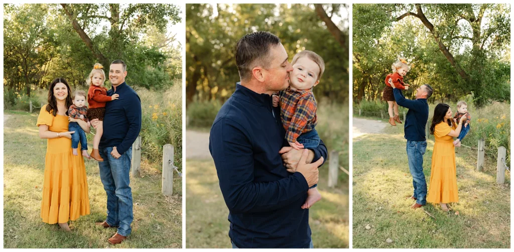 Family of four for oklahoma city fall portraits with mom wearing a mustard yellow dress and dad in a navy blue sweater.