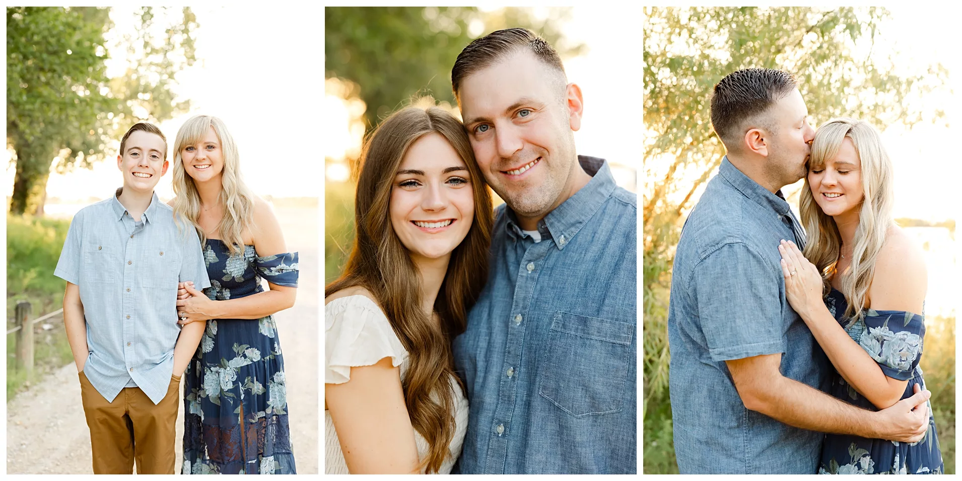 Mom and Dad in white shirts hold baby during newborn photoshoot.