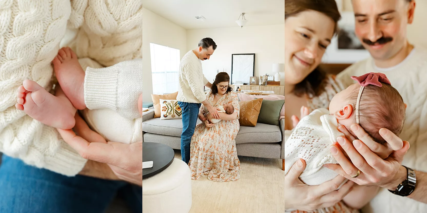 New parents in cream clothing with their new baby at home for newborn photos in Oklahoma.