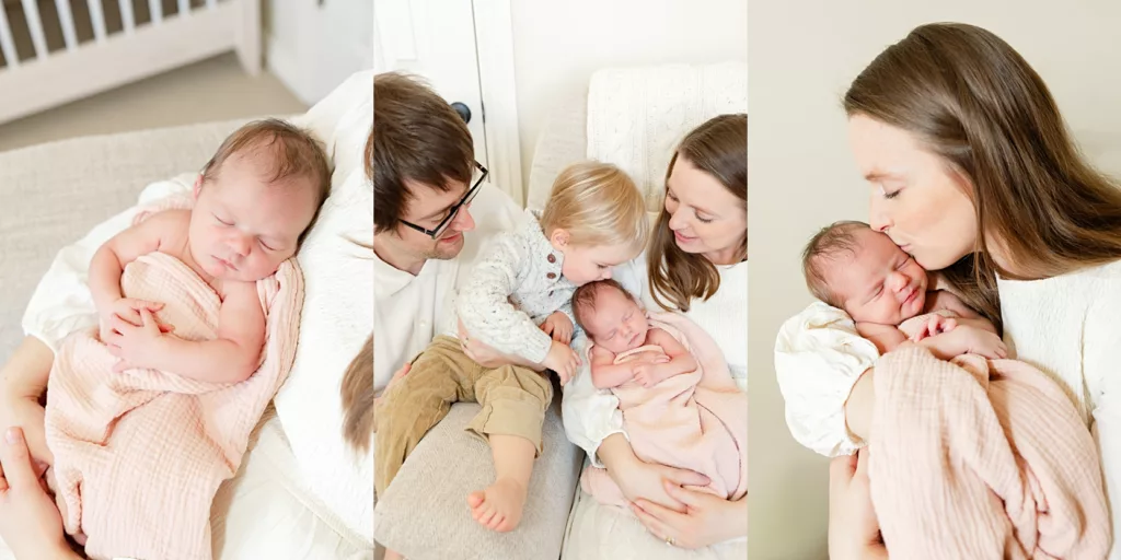 in home newborn session with baby in pink blanket in OKC.