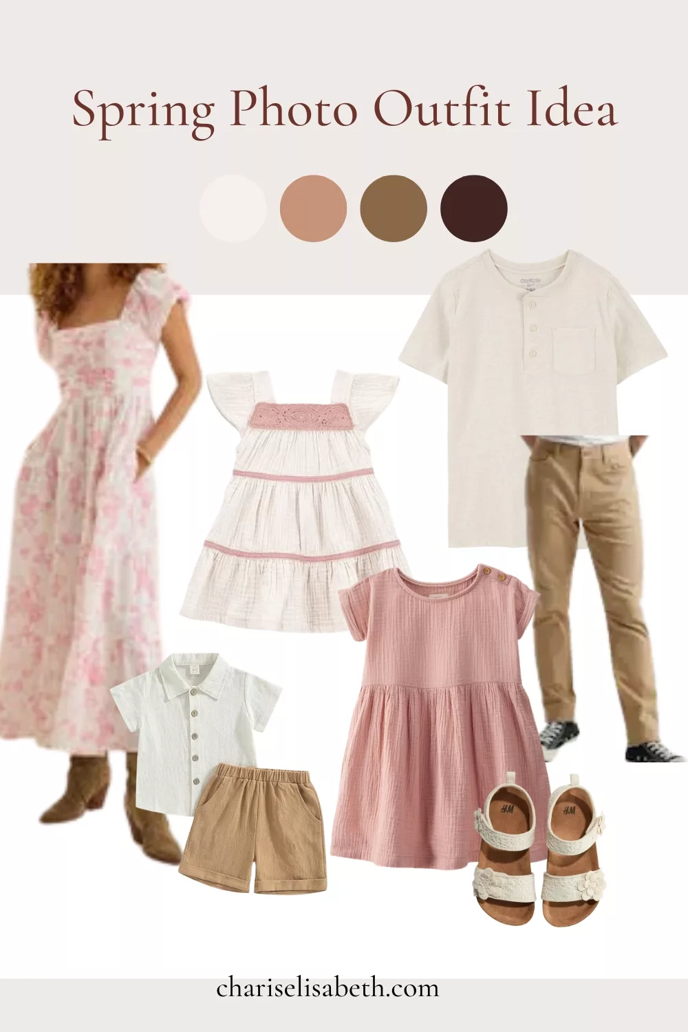 mood board of pinks and neutrals for what to wear for spring family photos in OKC