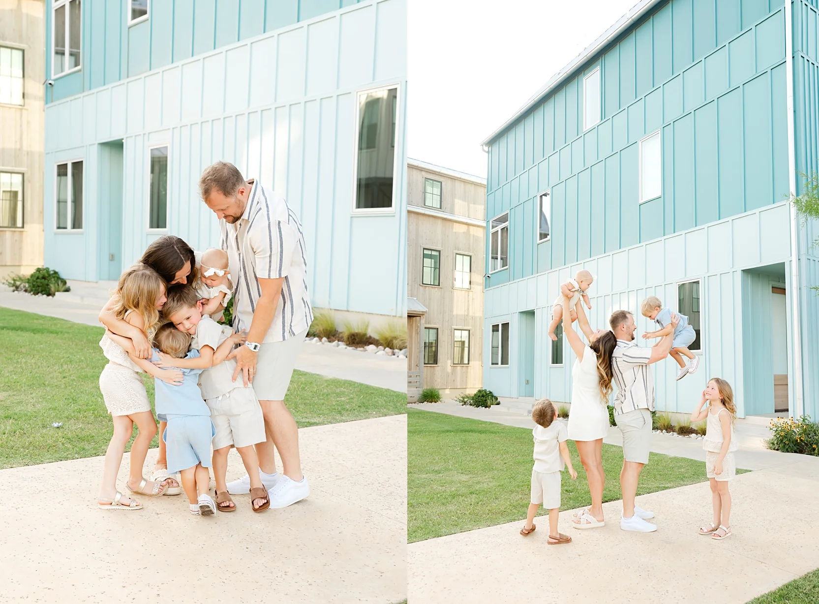 family of 3 plays on bed during in home family photo session