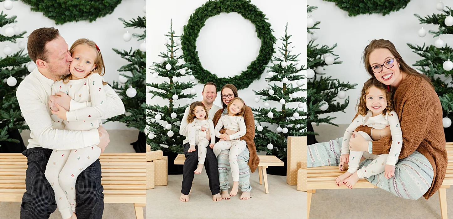 Mom and son sit in front of Christmas Trees in Edmond, OK studio.